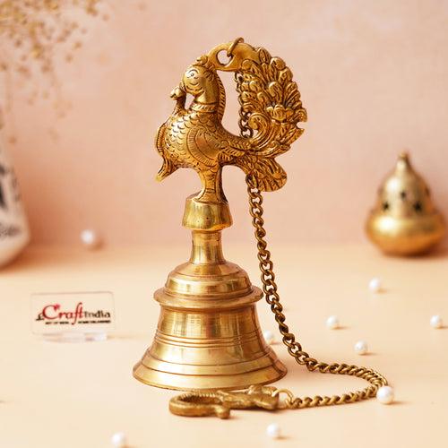 Golden Brass Peacock Statue Hanging Bell with Chain for Home Temple