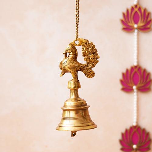 Golden Brass Peacock Statue Hanging Bell with Chain for Home Temple