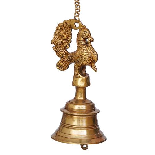 Golden Brass Peacock Statue Hanging Bell with Chain for Home Temple