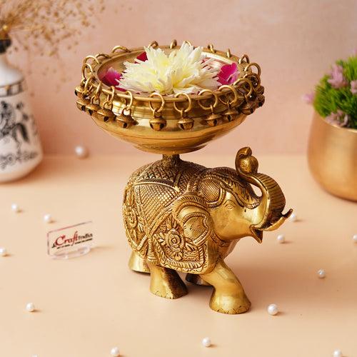 Golden Brass Urli on Elephant Statue with Bells for Floating Flowers - Ethnic Design Decorative Showpiece for Home & Office Decor, Diwali Decoration - Gift for Housewarming, Navratri Festival