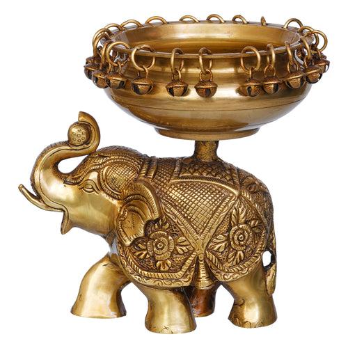 Golden Brass Urli on Elephant Statue with Bells for Floating Flowers - Ethnic Design Decorative Showpiece for Home & Office Decor, Diwali Decoration - Gift for Housewarming, Navratri Festival