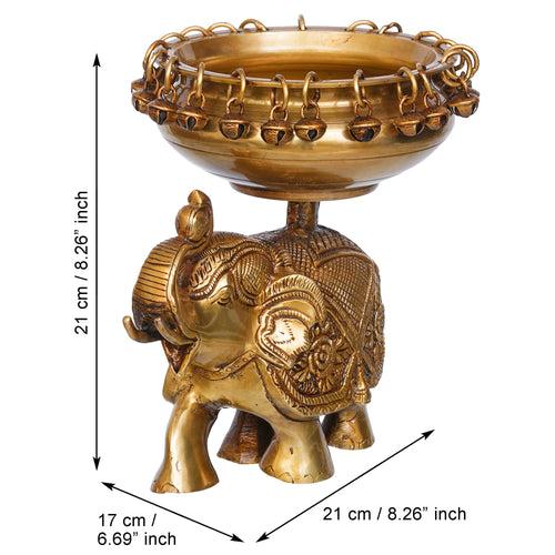 Golden Brass Urli on Elephant Statue with Bells for Floating Flowers - Ethnic Design Decorative Showpiece for Home & Office Decor, Diwali Decoration - Gift for Housewarming, Navratri Festival