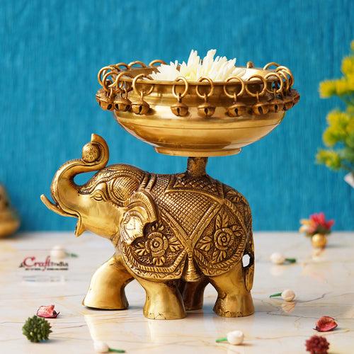 Golden Brass Urli on Elephant Statue with Bells for Floating Flowers - Ethnic Design Decorative Showpiece for Home & Office Decor, Diwali Decoration - Gift for Housewarming, Navratri Festival