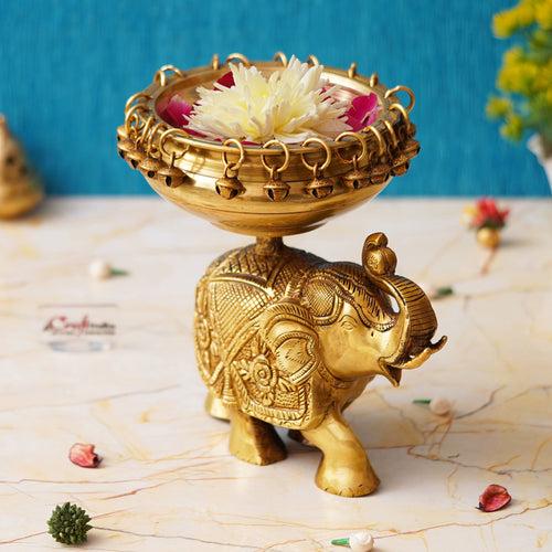 Golden Brass Urli on Elephant Statue with Bells for Floating Flowers - Ethnic Design Decorative Showpiece for Home & Office Decor, Diwali Decoration - Gift for Housewarming, Navratri Festival