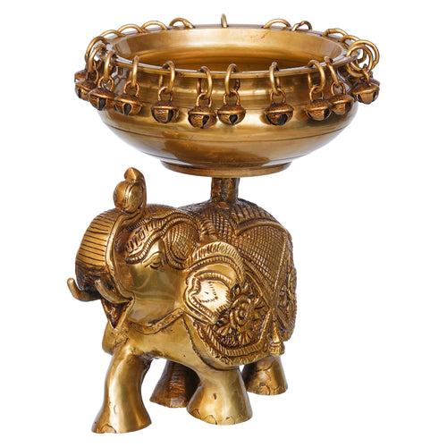 Golden Brass Urli on Elephant Statue with Bells for Floating Flowers - Ethnic Design Decorative Showpiece for Home & Office Decor, Diwali Decoration - Gift for Housewarming, Navratri Festival