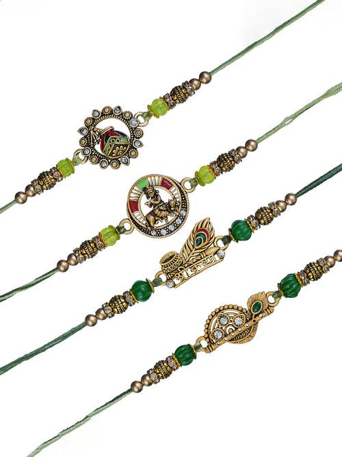 Set of 4 Multicolor Kalash Flute, Krishna Playing Flute with Cow, Shri Krishna, Flute & Peacock Feathers Religious Designer Rakhis for Brother, Bhabhi, Kids with Roli Chawal Pack