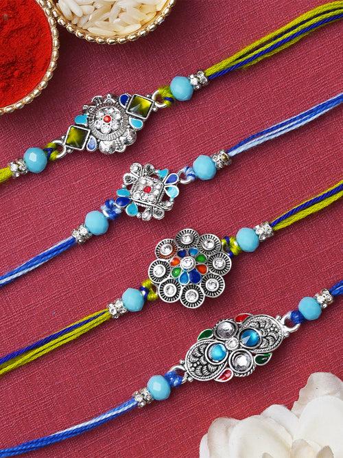 Set of 4 Multicolor Kundan Floral Designer Rakhis for Brother, Bhabhi, Kids with Roli Chawal Pack