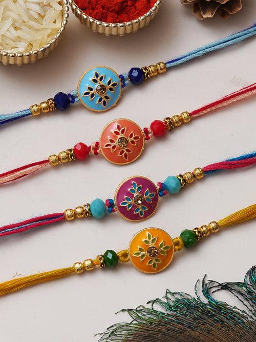 Set of 4 Multicolor Floral Designer Rakhis for Brother, Bhabhi, Kids with Roli Chawal Pack