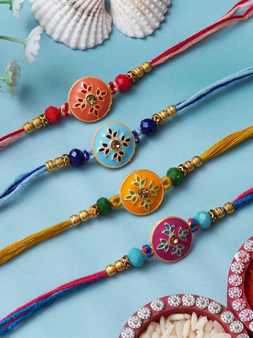 Set of 4 Multicolor Floral Designer Rakhis for Brother, Bhabhi, Kids with Roli Chawal Pack