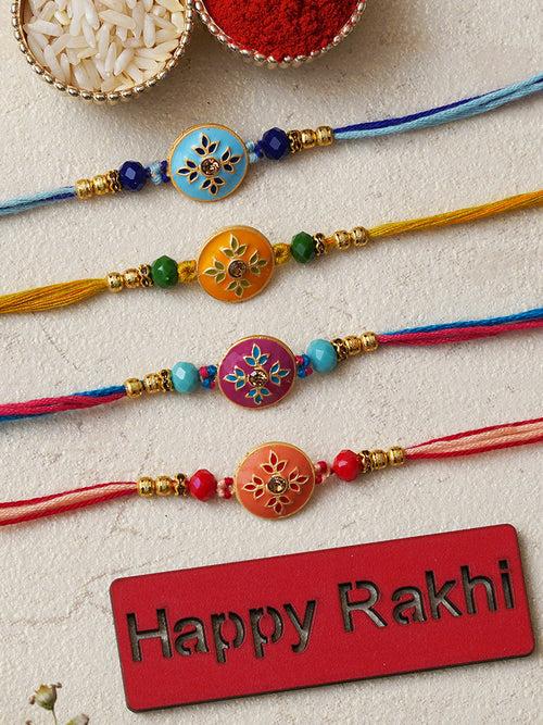 Set of 4 Multicolor Floral Designer Rakhis for Brother, Bhabhi, Kids with Roli Chawal Pack