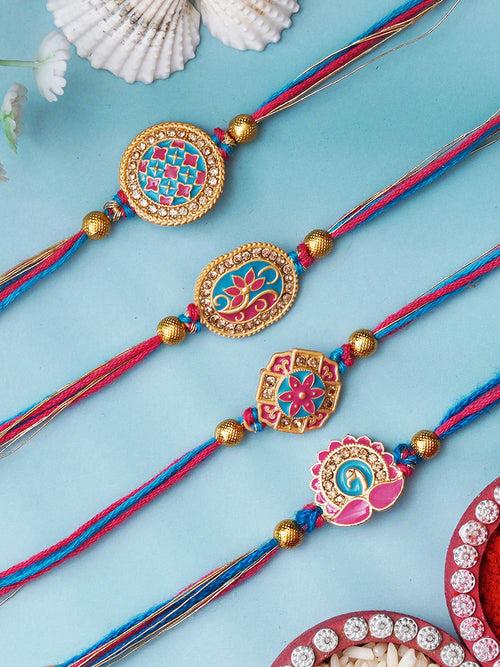Set of 4 Multicolor Floral & Peacock Designer Rakhis for Brother, Bhabhi, Kids with Roli Chawal Pack