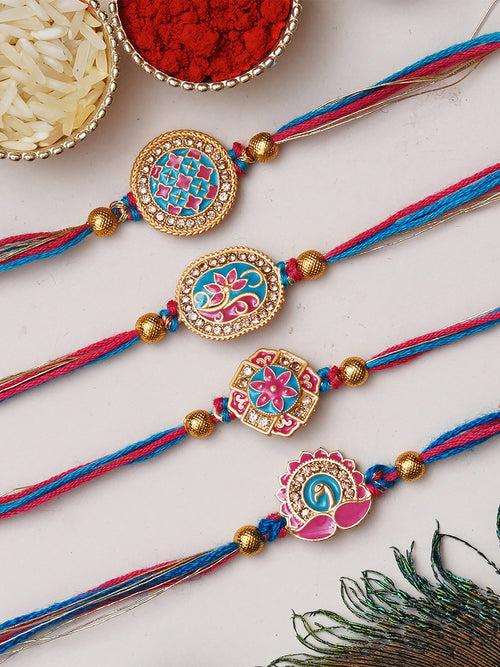 Set of 4 Multicolor Floral & Peacock Designer Rakhis for Brother, Bhabhi, Kids with Roli Chawal Pack