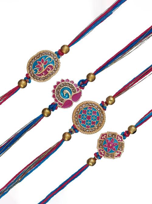 Set of 4 Multicolor Floral & Peacock Designer Rakhis for Brother, Bhabhi, Kids with Roli Chawal Pack