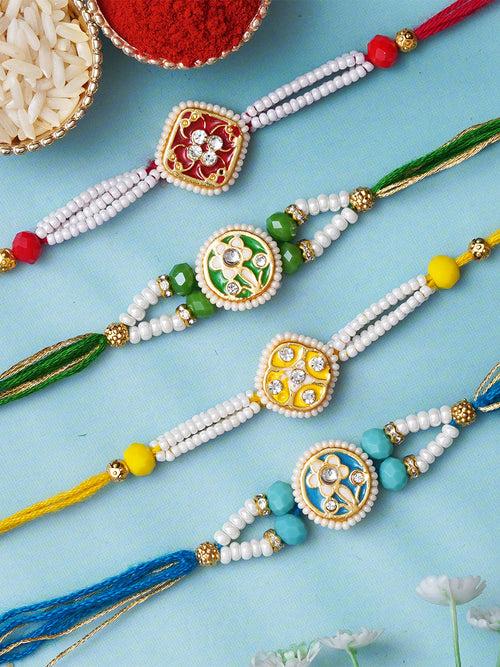 Set of 4 Pearl, Diamond, and Beads Floral Designer Rakhis for Brother, Bhabhi, Kids with Roli Chawal Pack