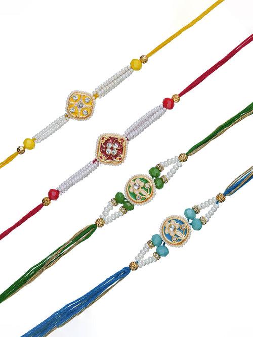 Set of 4 Pearl, Diamond, and Beads Floral Designer Rakhis for Brother, Bhabhi, Kids with Roli Chawal Pack