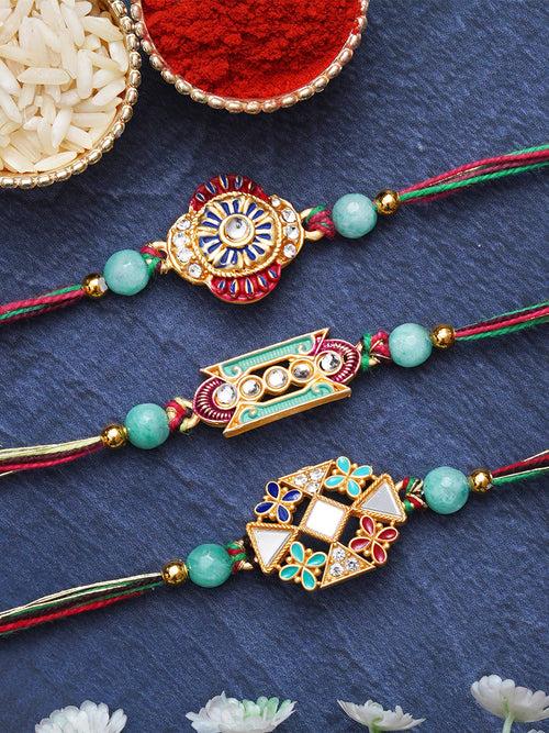 Set of 3 Beautiful Designer Rakhis for Brother, Bhabhi, Kids with Roli Chawal Pack