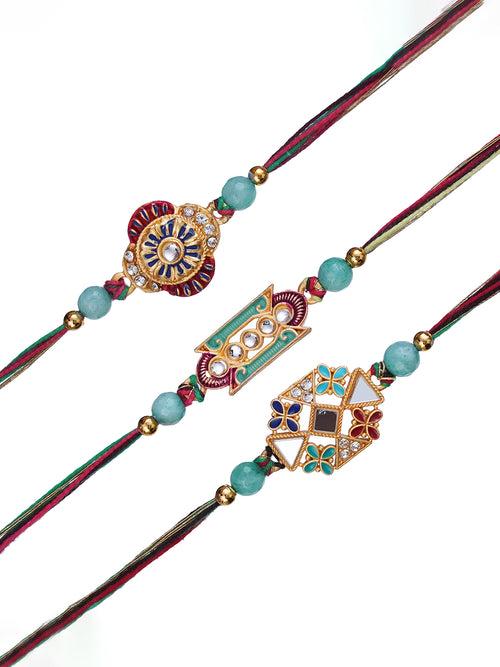 Set of 3 Beautiful Designer Rakhis for Brother, Bhabhi, Kids with Roli Chawal Pack