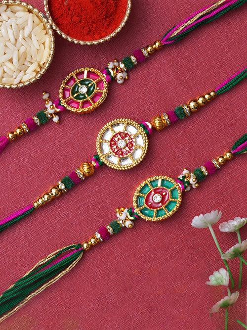 Set of 3 Multicolor Designer Rakhis for Brother, Bhabhi, Kids with Roli Chawal Pack