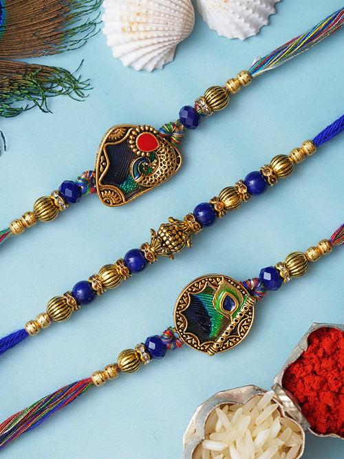 Set of 3 Peacock Feather, Flute Designer Rakhis for Brother, Bhabhi, Kids with Roli Chawal Pack