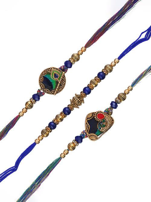 Set of 3 Peacock Feather, Flute Designer Rakhis for Brother, Bhabhi, Kids with Roli Chawal Pack
