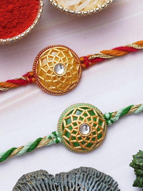 Set of 2 Green & Yellow Flowers Designer Rakhis for Brother, Bhabhi, Kids with Roli Chawal Pack