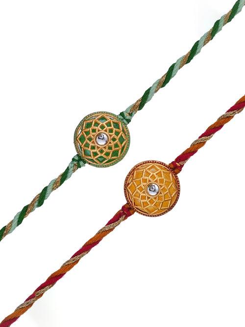 Set of 2 Green & Yellow Flowers Designer Rakhis for Brother, Bhabhi, Kids with Roli Chawal Pack
