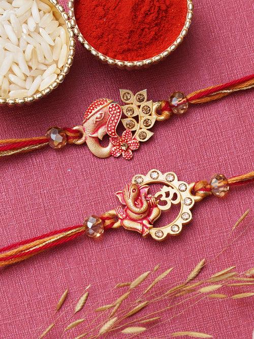 Set of 2 Red & Golden Lord Ganesha, Om Symbol Rakhis for Brother, Bhabhi, Kids with Roli Chawal Pack