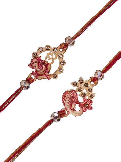 Set of 2 Red & Golden Lord Ganesha, Om Symbol Rakhis for Brother, Bhabhi, Kids with Roli Chawal Pack