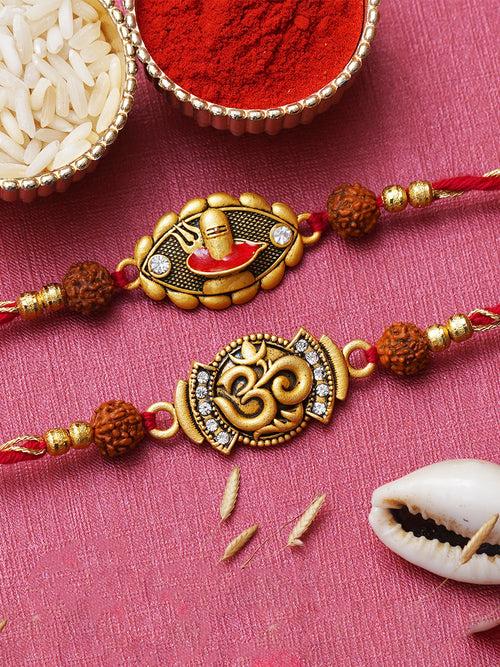 Set of 2 Shivalinga Trishul, Om Symbol Rakhis for Brother, Bhabhi, Kids with Roli Chawal Pack