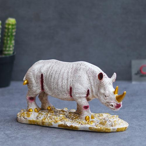 White Polyresin Rhinoceros Statue with Golden Horns Animal Figurine