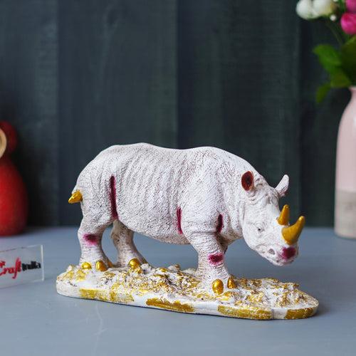 White Polyresin Rhinoceros Statue with Golden Horns Animal Figurine