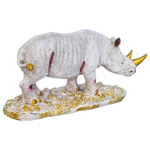 White Polyresin Rhinoceros Statue with Golden Horns Animal Figurine