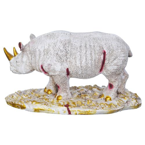 White Polyresin Rhinoceros Statue with Golden Horns Animal Figurine