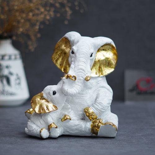 White Polyresin Small Elephant Family Mom and Baby Statue Animal Figurines Decorative Showpiece for Home Decor