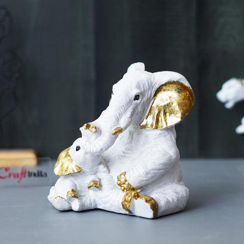 White Polyresin Small Elephant Family Mom and Baby Statue Animal Figurines Decorative Showpiece for Home Decor