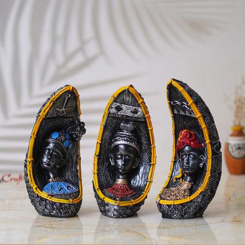 Set Of 3 Multicolor Polyresin Handcrafted African Women Figurines Decorative Showpiece