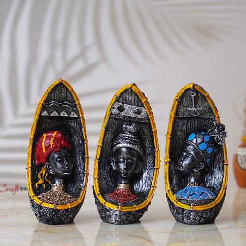 Set Of 3 Multicolor Polyresin Handcrafted African Women Figurines Decorative Showpiece