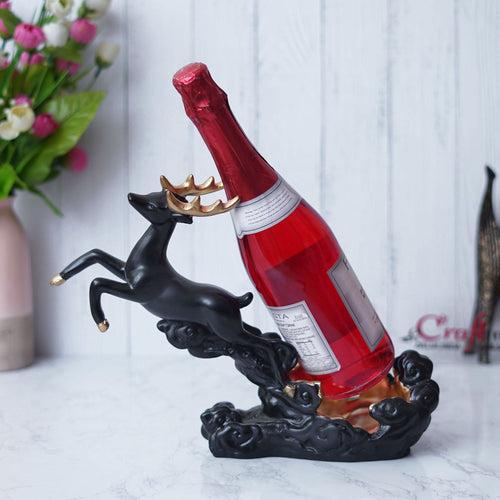 Black Polyresin Stotting Deer Statue Wine Holder, Majestic Animal Figurine Decorative Showpiece