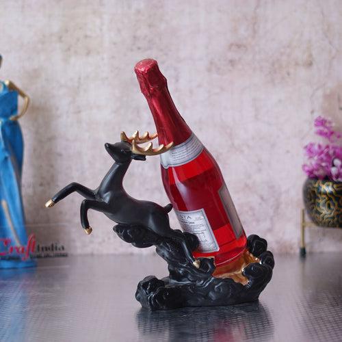 Black Polyresin Stotting Deer Statue Wine Holder, Majestic Animal Figurine Decorative Showpiece