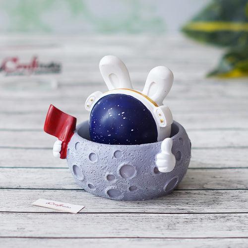 Rabbit Astronaut Miniature statue on Moon shaking head with Red Flag Decorative Showpiece