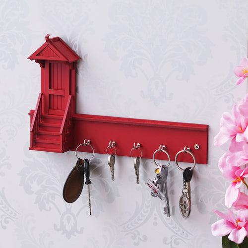 Red Home Decorative Wooden Key Holder with 5 Hooks