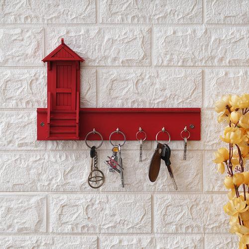 Red Home Decorative Wooden Key Holder with 5 Hooks