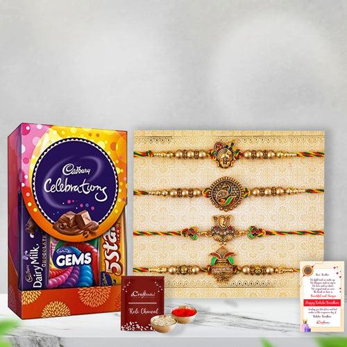 Set of 4 Shrinathji, Peacock, Ganesha, Kalash Designer Rakhis with Cadbury Celebrations, Roli Chawal Pack, Raksha Bandhan Greeting Card