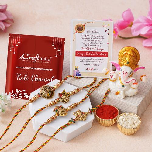 Set of 4 Shrinathji, Peacock, Ganesha, Kalash Designer Rakhis with Ganesha Idol and Roli Chawal Pack, Raksha Bandhan Greeting Card