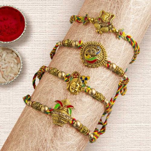 Set of 4 Shrinathji, Peacock, Ganesha, Kalash Designer Rakhis with Ganesha Idol and Roli Chawal Pack, Raksha Bandhan Greeting Card