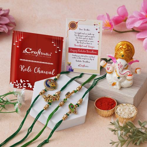 Set of 4 Radha Krishna Playing Flute, Peacock, Krishna Flute, Peacock Feather Designer Religious Rakhis with Lord Ganesha Idol, Roli Chawal Pack, Greeting Card