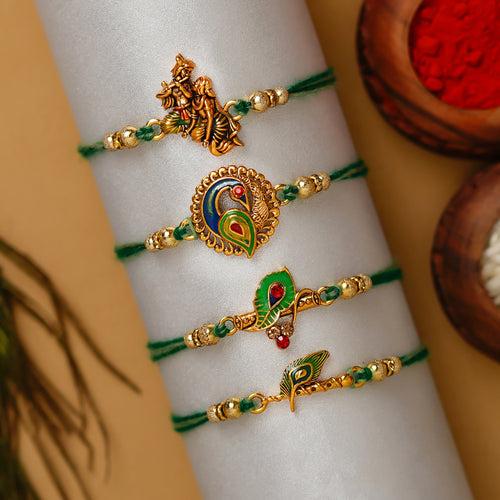 Set of 4 Radha Krishna Playing Flute, Peacock, Krishna Flute, Peacock Feather Designer Religious Rakhis with Lord Ganesha Idol, Roli Chawal Pack, Greeting Card