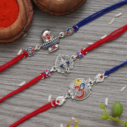 Set of 3 Multicolor Religious Shivling, Ganesha, Om Silver Designer Rakhis with Blue Red Threads, Roli Chawal Pack