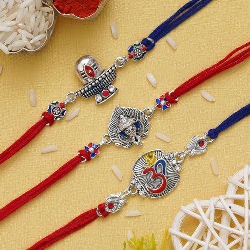 Set of 3 Multicolor Religious Shivling, Ganesha, Om Silver Designer Rakhis with Blue Red Threads, Roli Chawal Pack