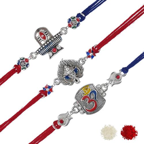 Set of 3 Multicolor Religious Shivling, Ganesha, Om Silver Designer Rakhis with Blue Red Threads, Roli Chawal Pack